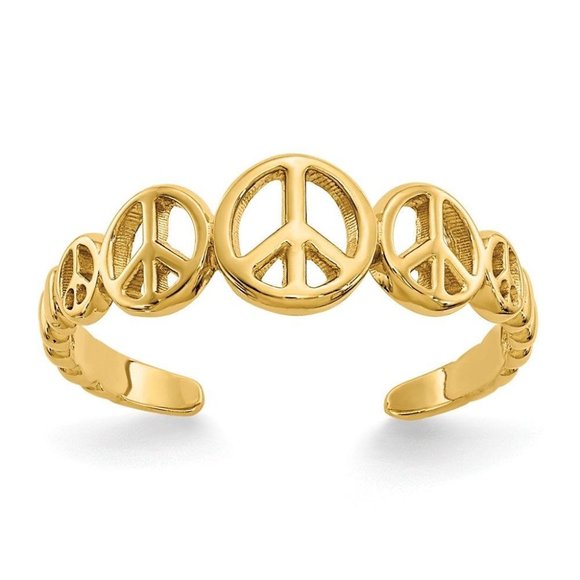 14k Yellow Gold Solid Toe Ring Peace Sign Adjustable - Picture 1 of 4